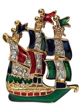 Sailing Ship Brooch Enamel & Rhinestone Multicolor Gold Tone Jewelry VTG